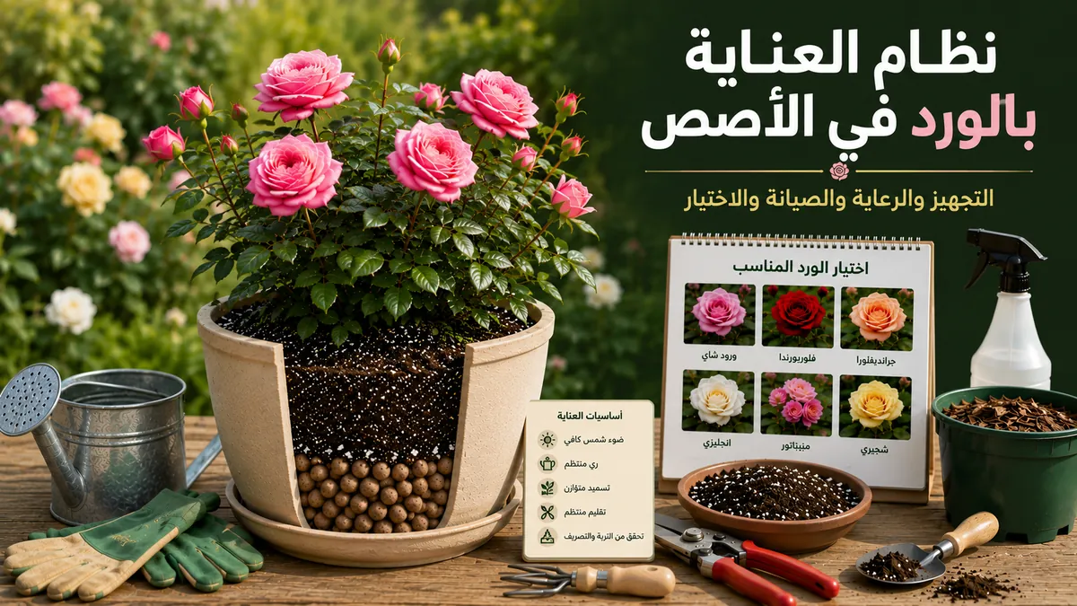 نظام عناية بالورد في الأصص مع وردة مزروعة، طبقة تصريف، خليط تربة، إبريق ري وأدوات عناية