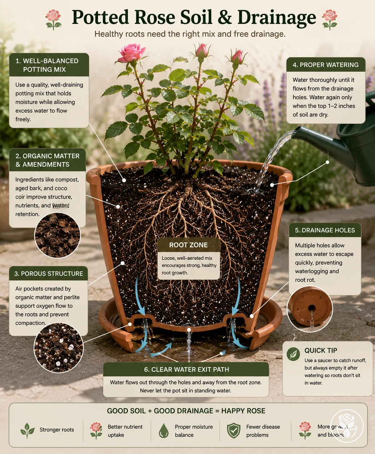 Aufbau von Erde und Drainage für Topfrosen mit Blumenerde, Drainagelöchern und Wasserabflussweg