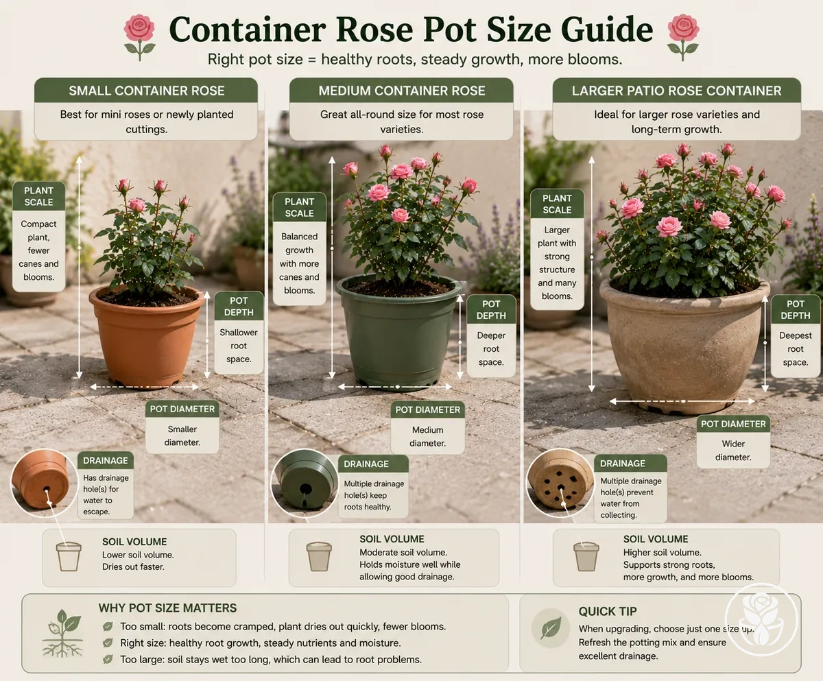 Vergleich der Topfgrößen für Rosenkübel mit Angaben zu Topftiefe, Durchmesser, Drainagelöchern und Rosengröße