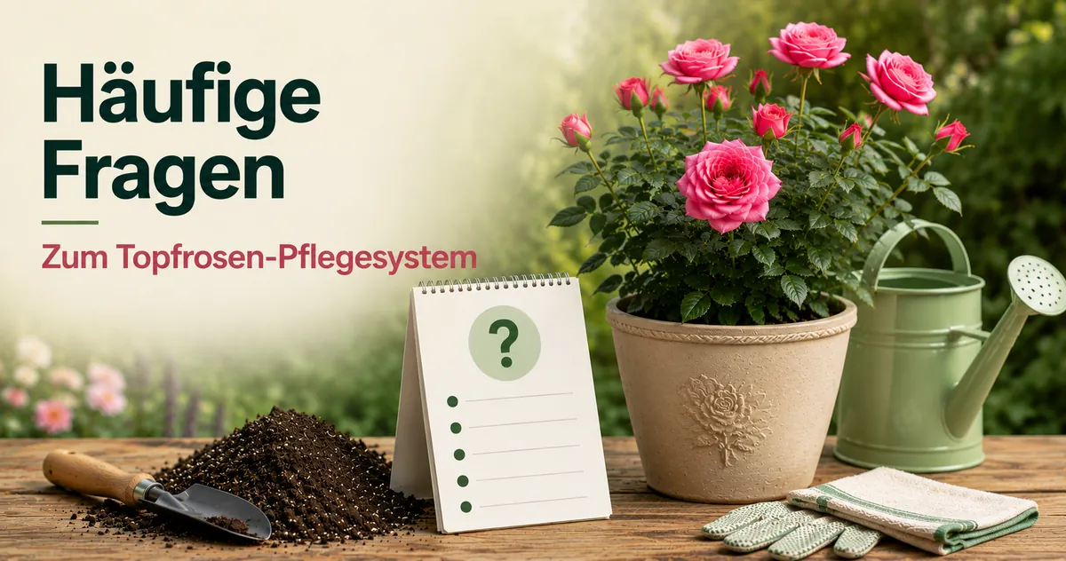 FAQ-Notizen zum Topfrosen-Pflegesystem mit Pflanze, Erde, Gießkanne und Pflegehinweisen