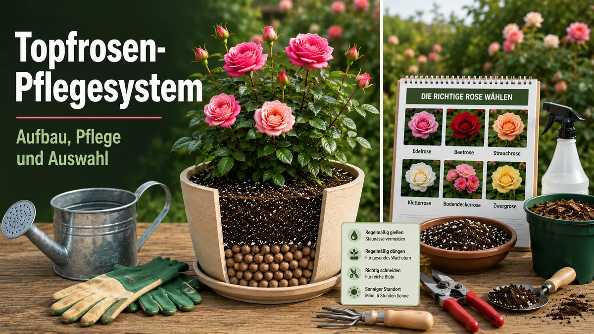 Topfrosen-Pflegesystem mit getopfter Rose, Drainageschicht, Erde, Gießkanne und Pflegezubehör