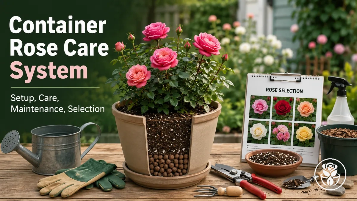 Container Rose Care System setup with a potted rose, drainage layer, soil mix, watering can, and care tools