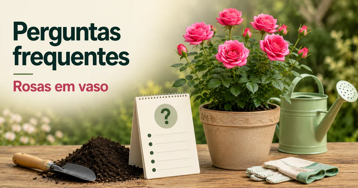 Referência de perguntas frequentes sobre rosas em vaso com planta, substrato, regador e notas de cuidado