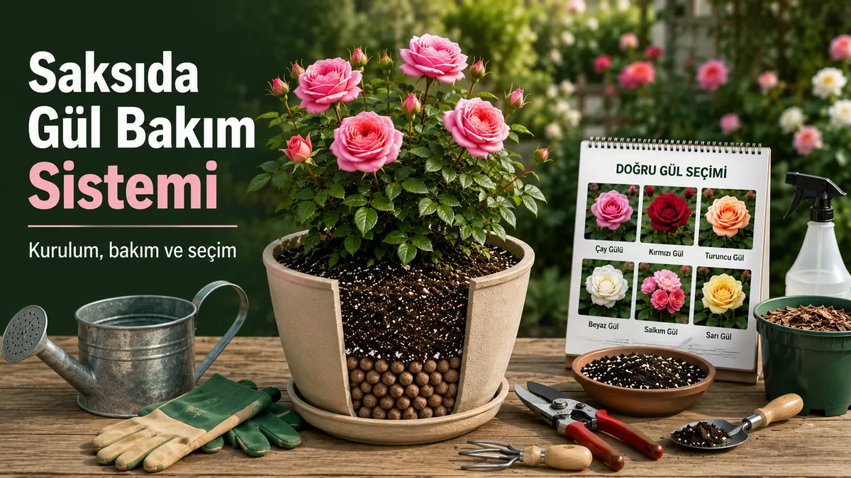 Saksıda gül bakım sistemi için saksı gül, drenaj katmanı, toprak karışımı, sulama kabı ve bakım araçları